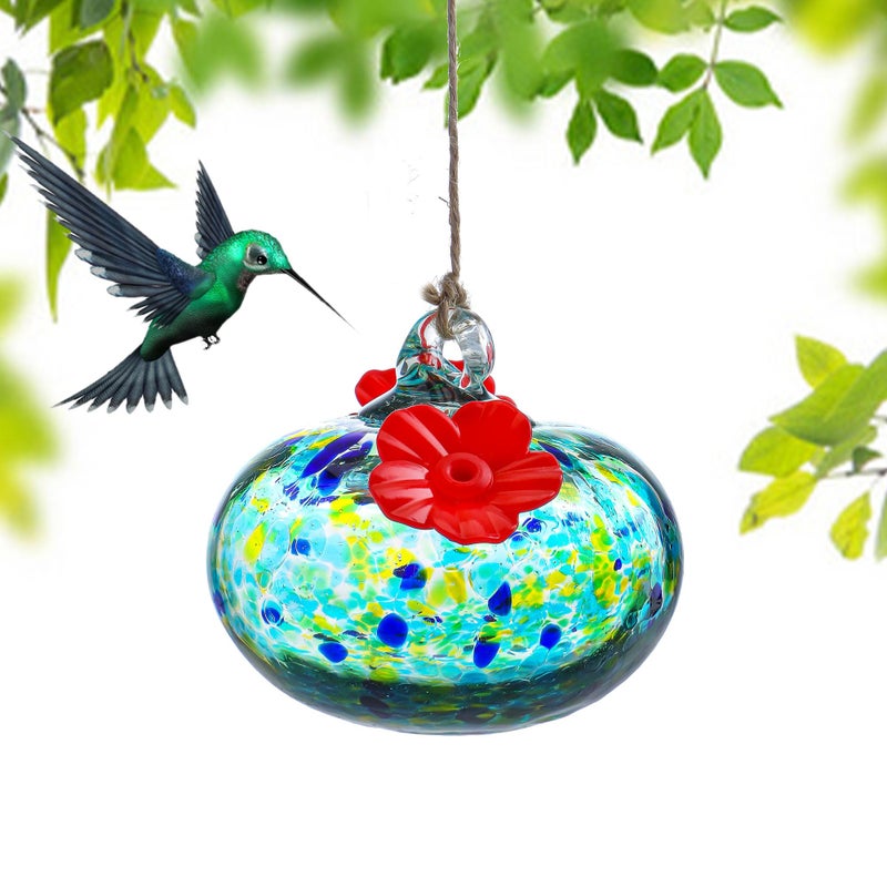 KRISININE 3.3OZ Glass Hummingbird Feeder with 2 Feeding Ports Blown Glass Hummingbird Feeder for Outdoors Hanging Garden Patio Decoration Uniques Hummingbird Gifts for Women - Image 1